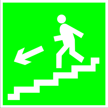 E14 направление к эвакуационному выходу по лестнице вниз (левосторонний) (пластик, 200х200 мм) - Знаки безопасности - Эвакуационные знаки - магазин "Охрана труда и Техника безопасности"